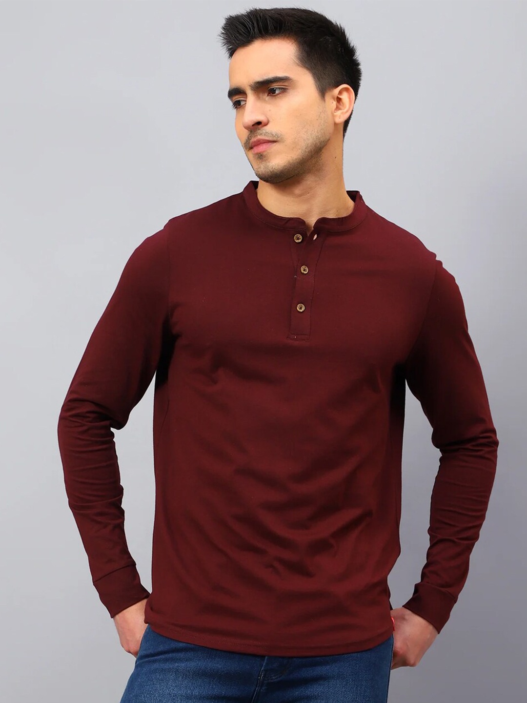 

SUMISO Men Henley Neck Solid T-shirt, Maroon