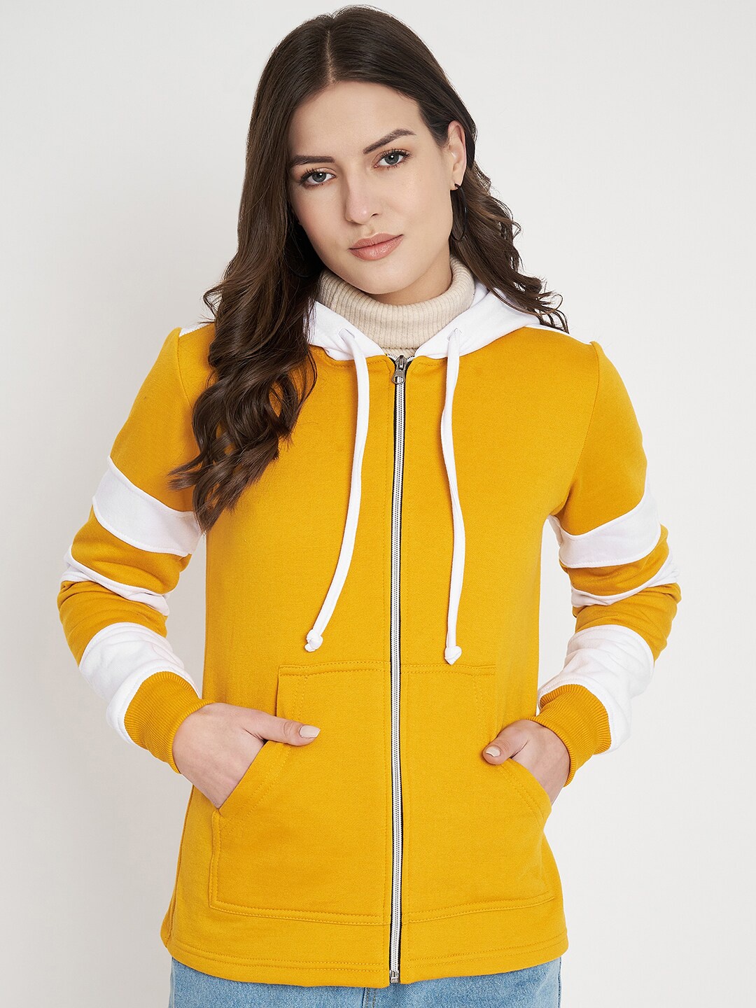 

BRINNS Colourblocked Hooded Front-Open Fleece Sweatshirt, Mustard