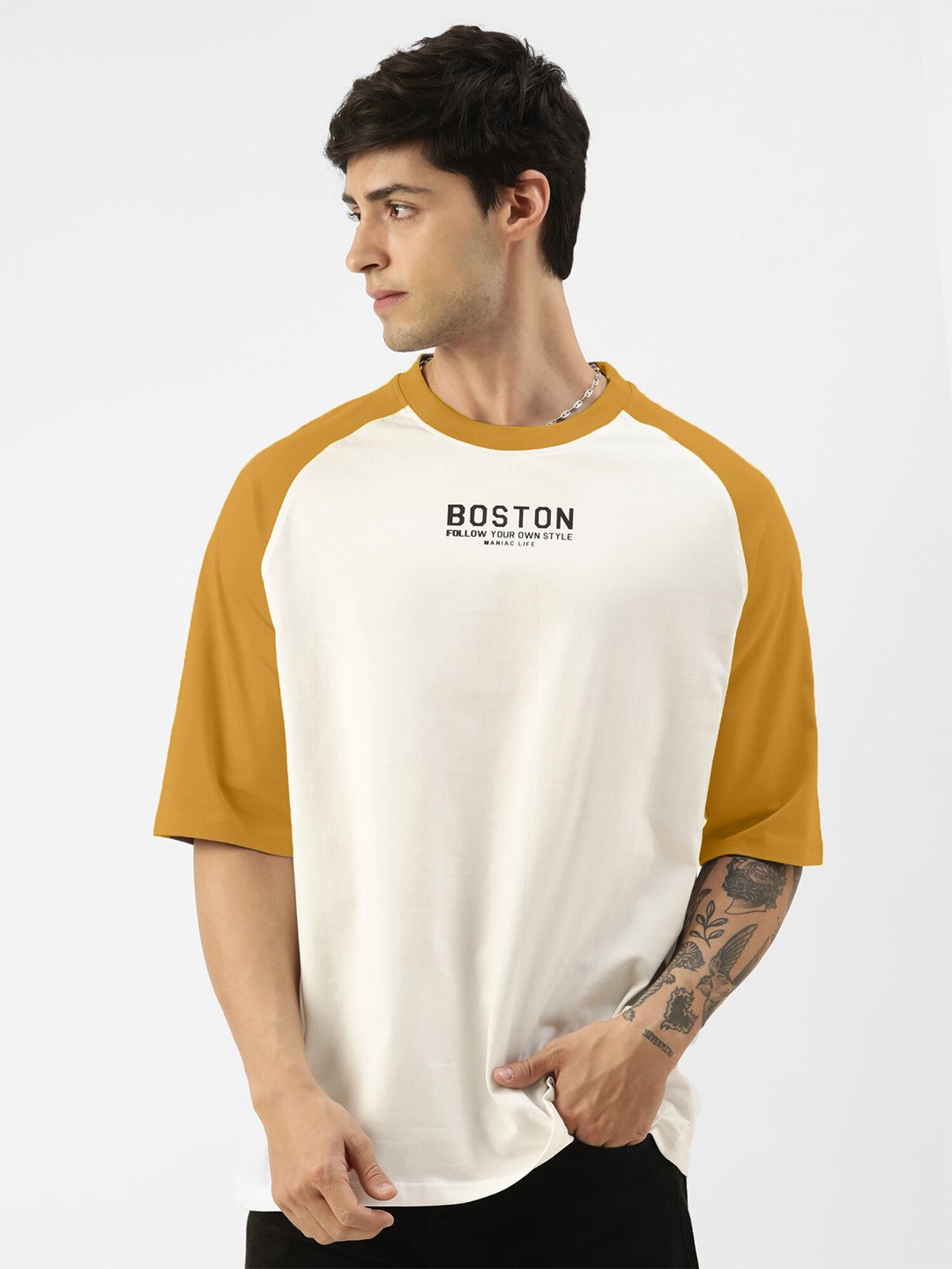 

Maniac Typography Printed Raglan Sleeves Cotton Oversized T-shirt, Mustard