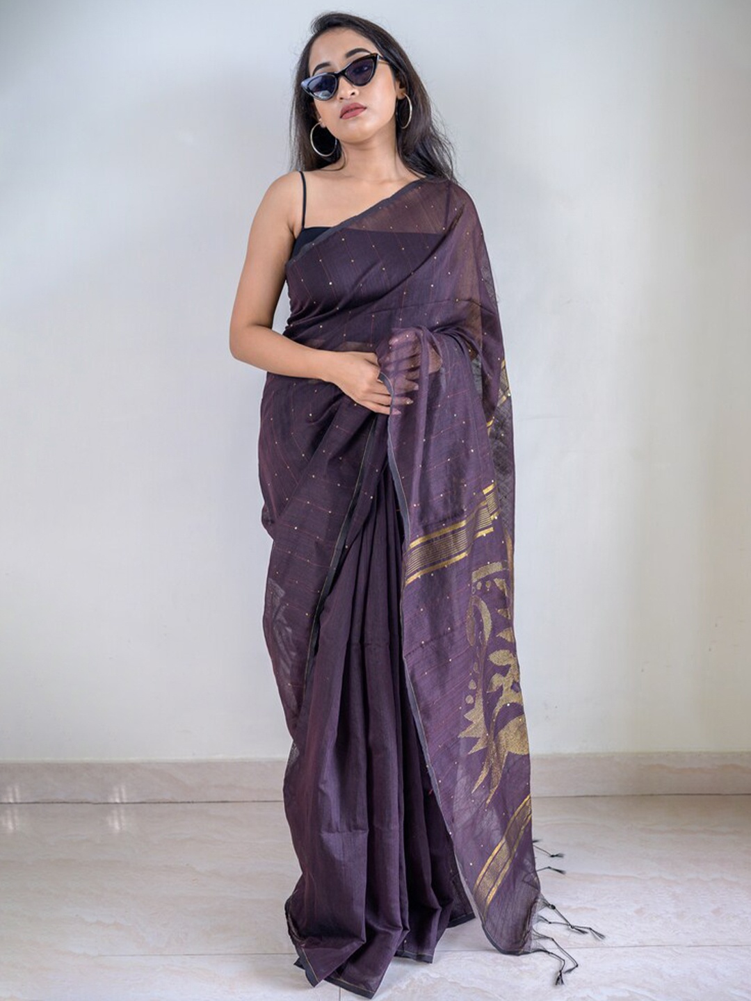 

RODDUR Embellished Sequinned Silk Cotton Saree, Brown