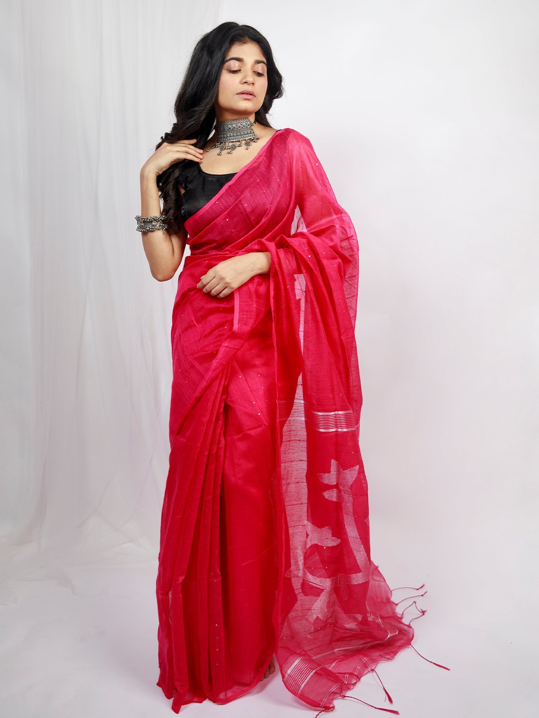 

RODDUR Embellished Sequinned Silk Cotton Saree, Pink