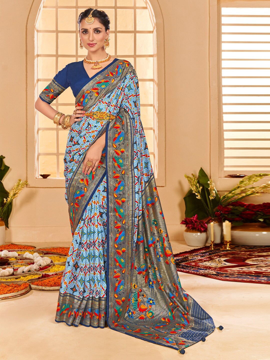 

Saree mall Blue Ethnic Motifs Printed Zari Tussar Saree
