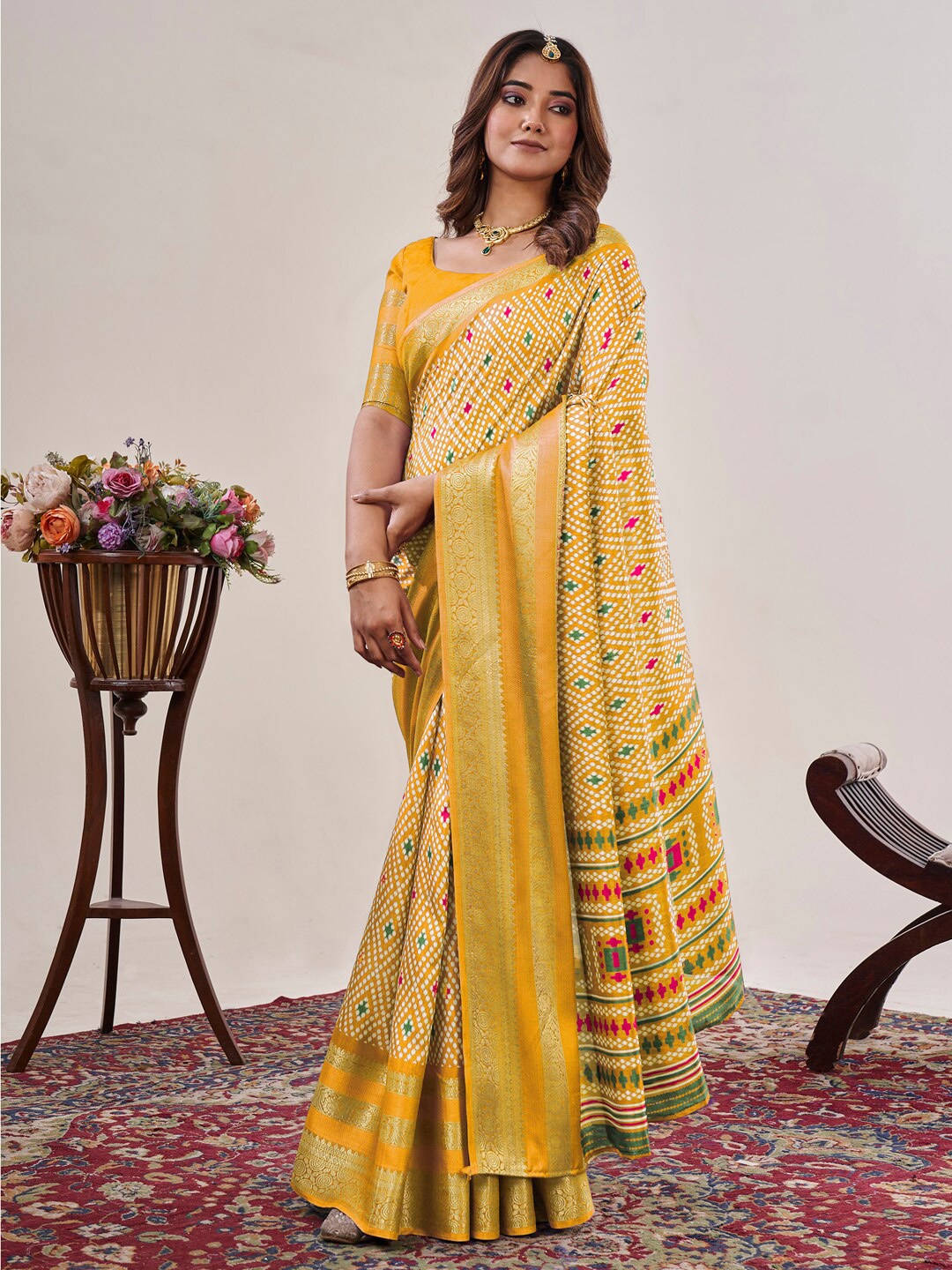 

Saree mall Ethnic Motifs Zari Sungudi Saree, Yellow