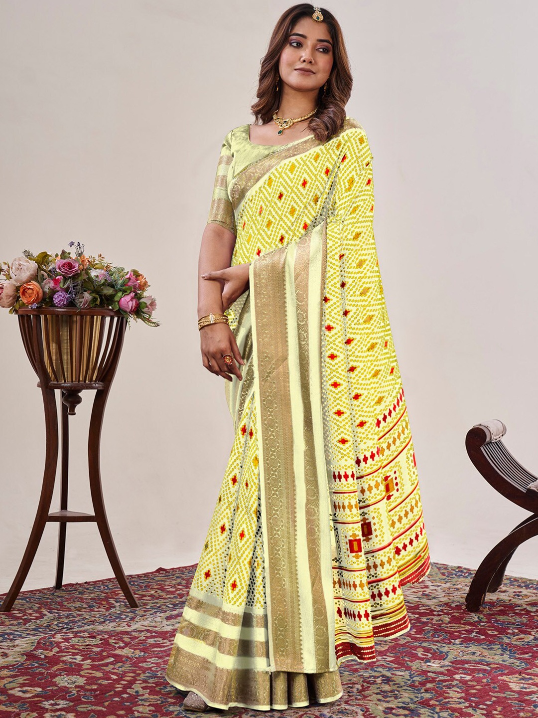 

Saree mall Ethnic Motifs Zari Sungudi Saree, Yellow