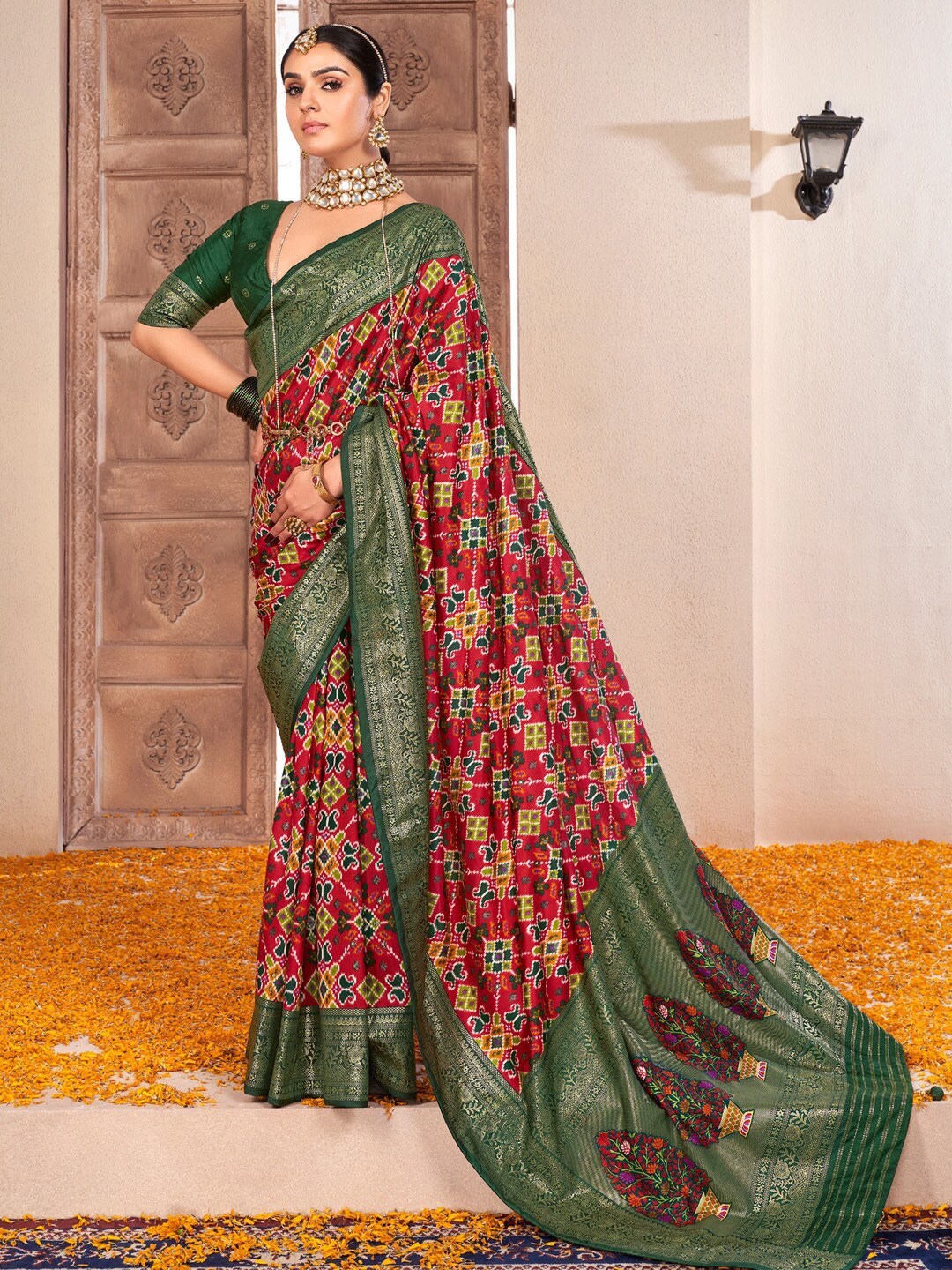 

Saree mall Ethnic Motifs Zari Ikat Saree, Red