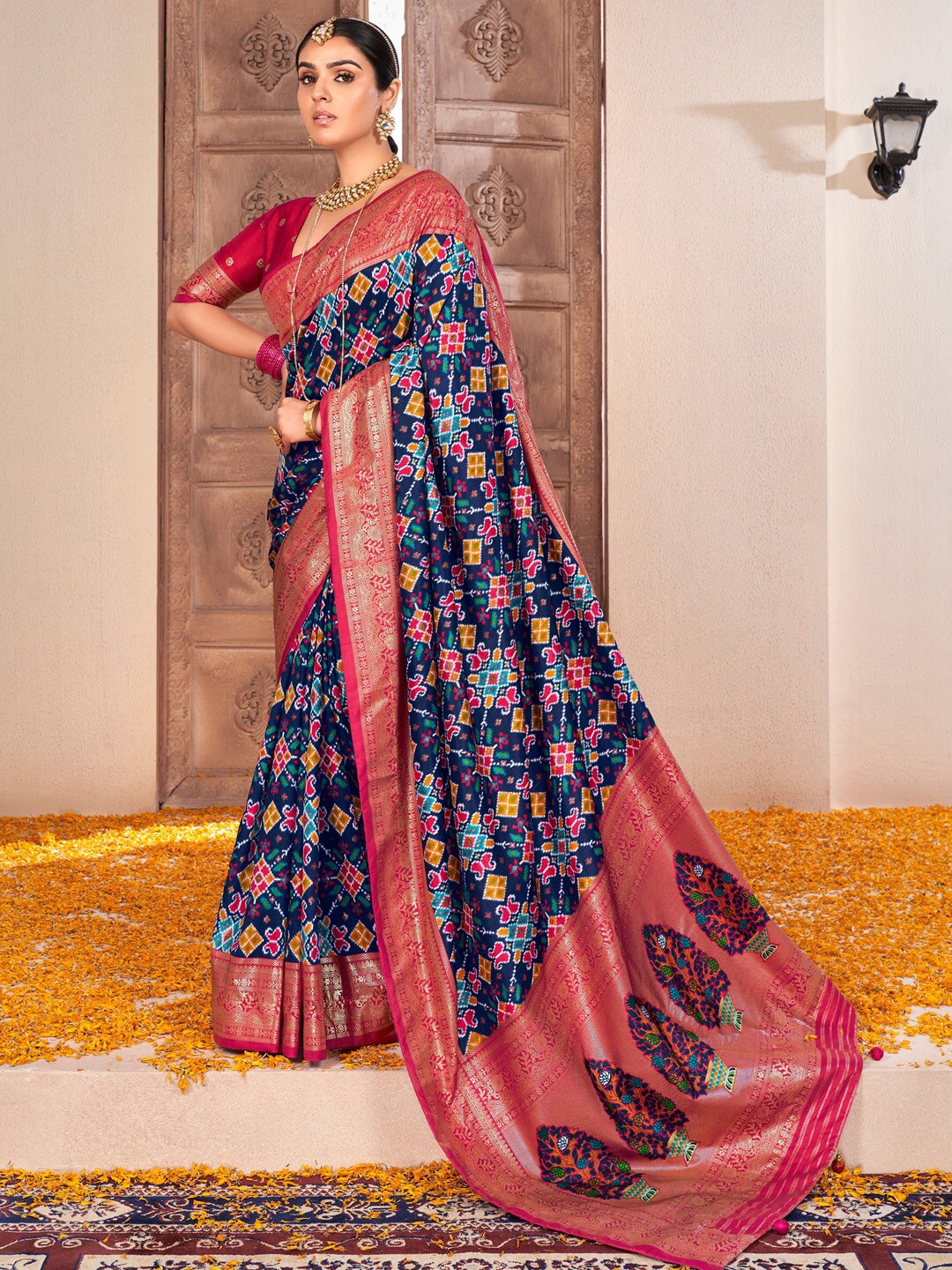 

Saree mall Navy Blue Ethnic Motifs Printed Zari Tussar Saree