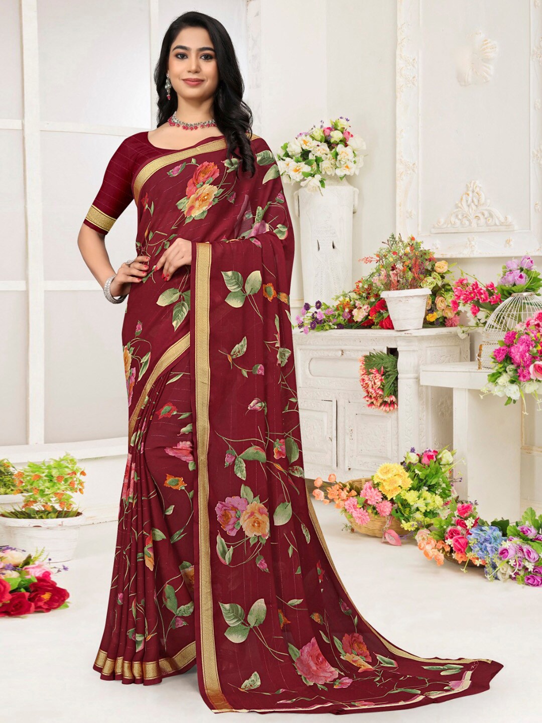 

Saree mall Maroon Floral Printed Pure Chiffon Bagh Saree
