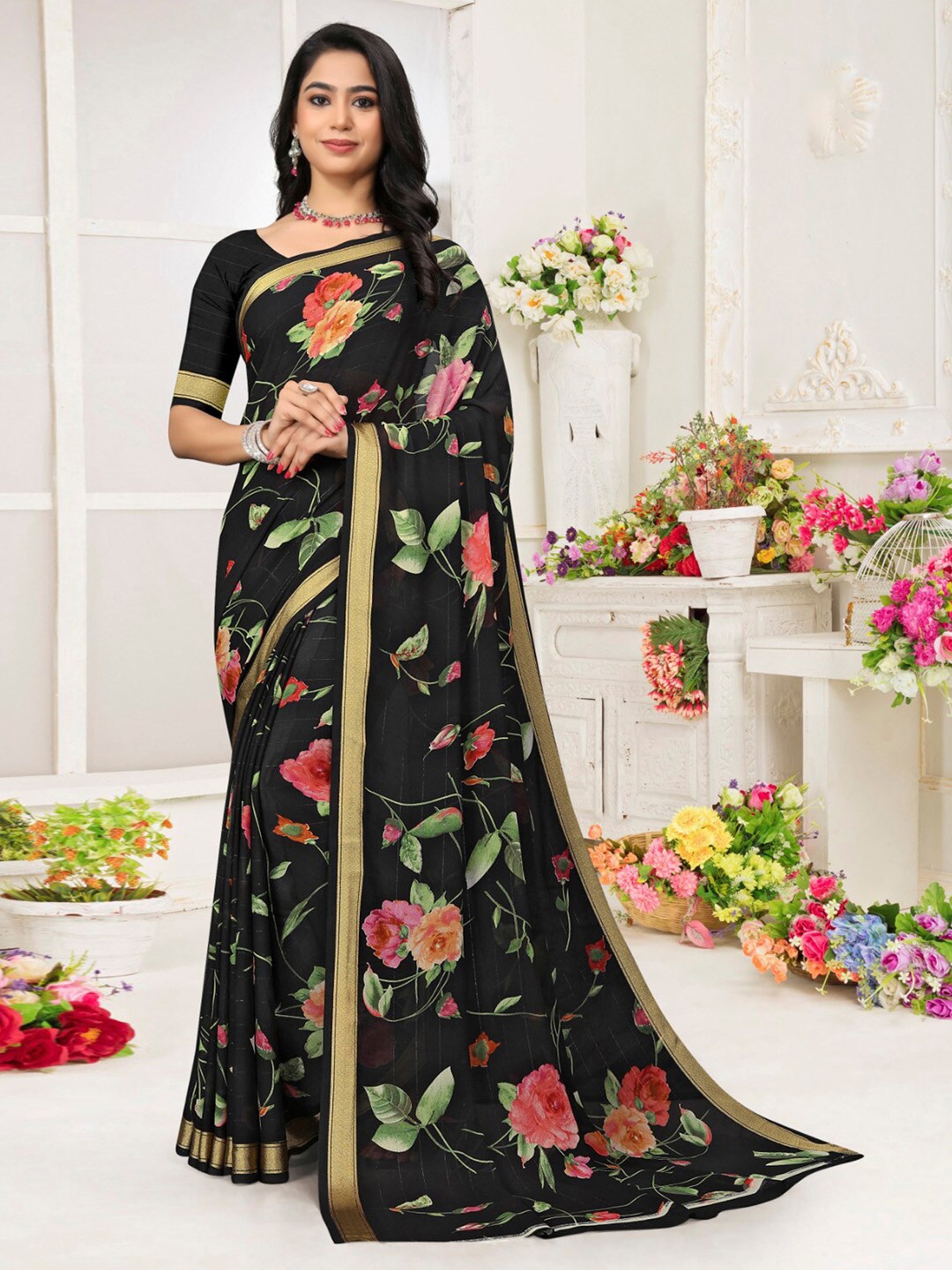 

Saree mall Floral Pure Chiffon Bagh Saree, Black