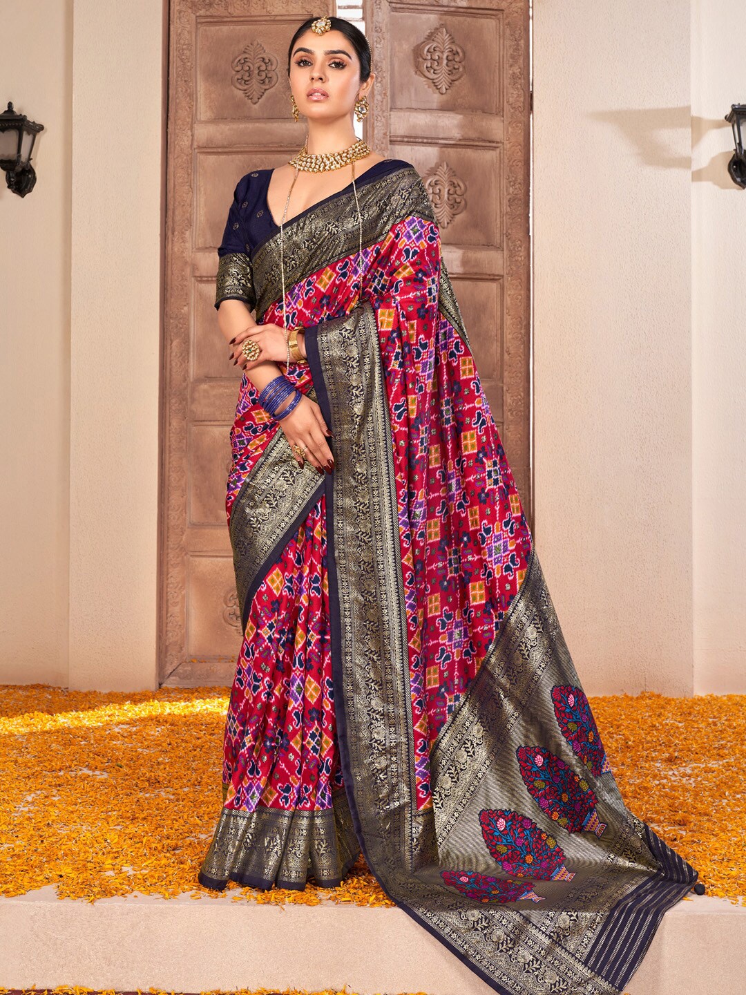 

Saree mall Ethnic Motifs Zari Designer Ikat Saree, Pink