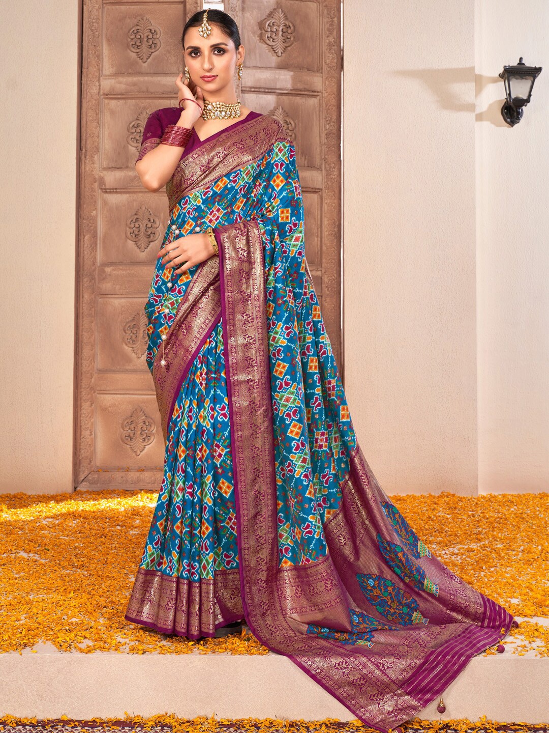 

Saree mall Blue Ethnic Motifs Printed Zari Tussar Saree