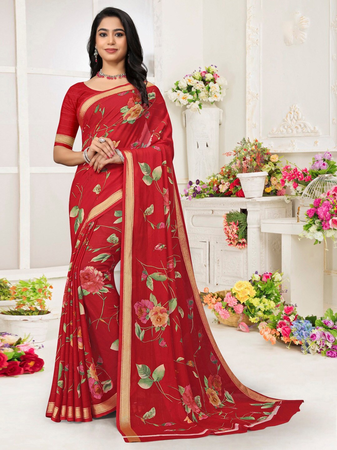 

Saree mall Red Floral Printed Pure Chiffon Bagh Sarees