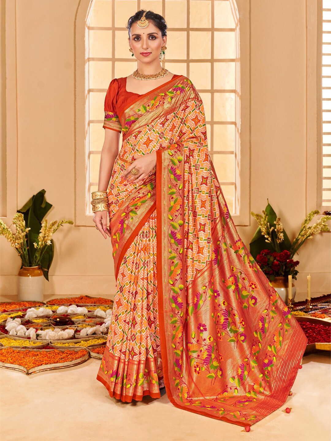 

Saree mall Peach Ethnic Motifs Printed Zari Tussar Sarees