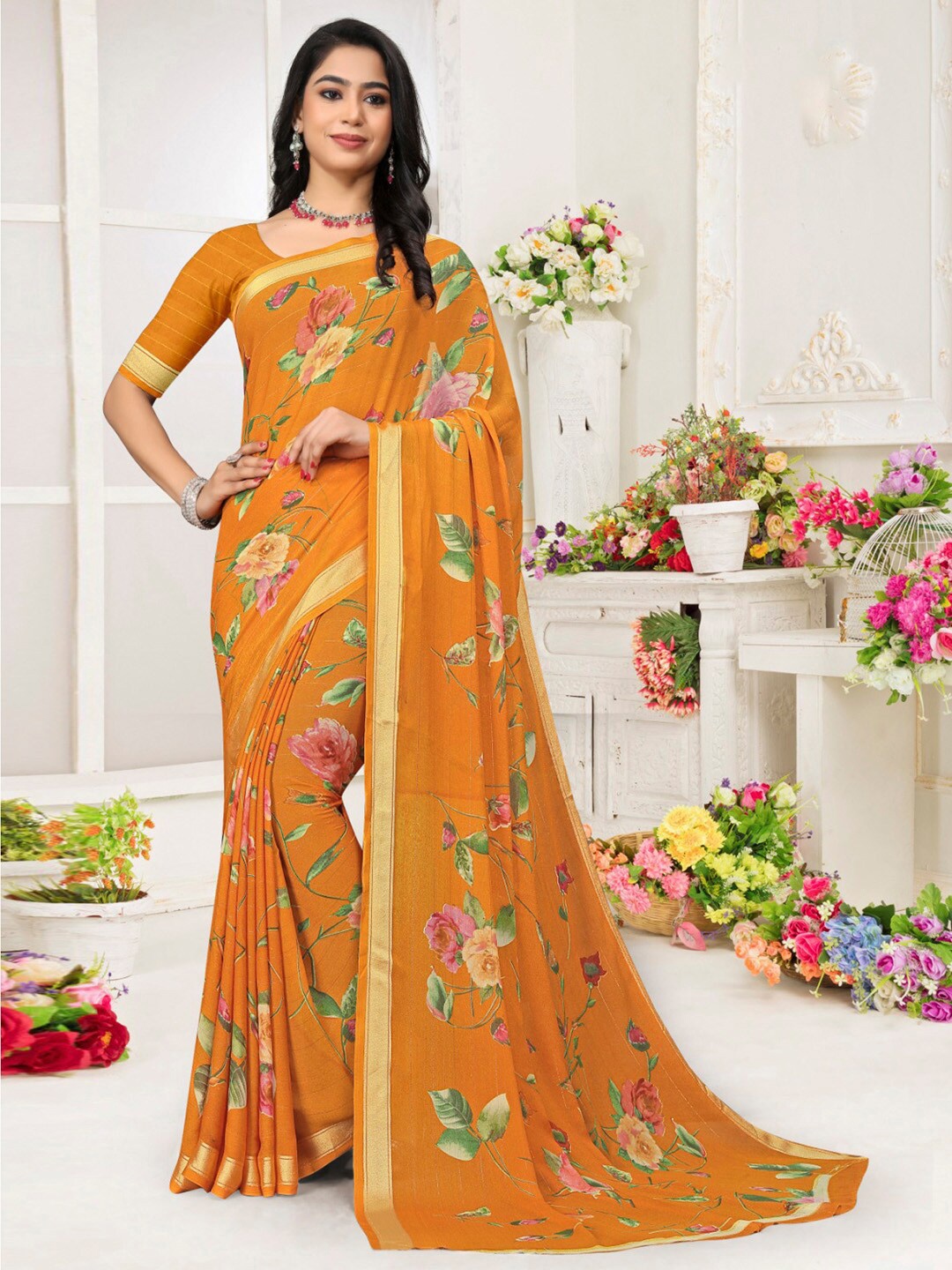 

Saree mall Floral Zari Pure Chiffon Bagh Saree, Mustard