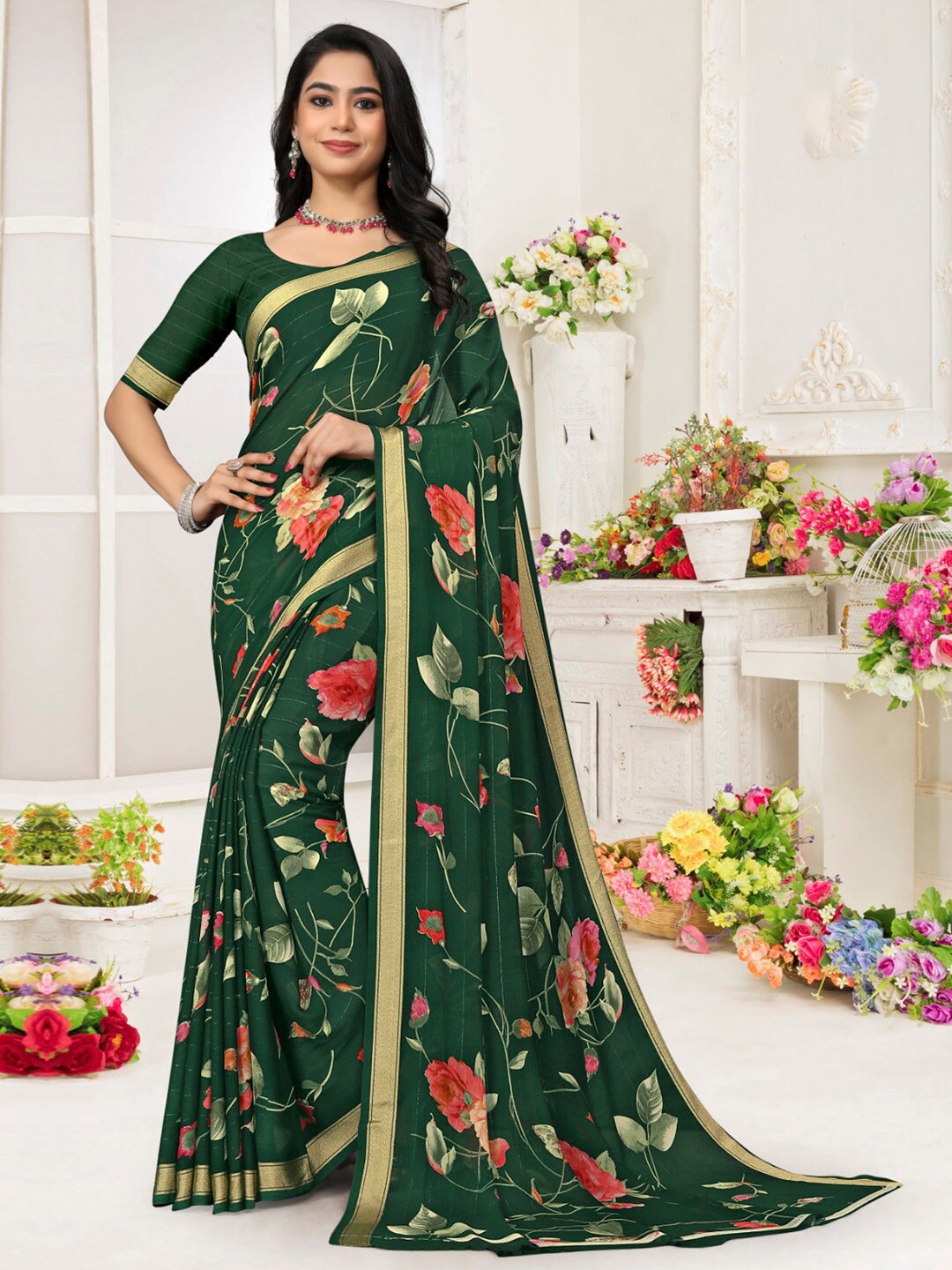 

Saree mall Floral Zari Pure Chiffon Bagh Saree, Green