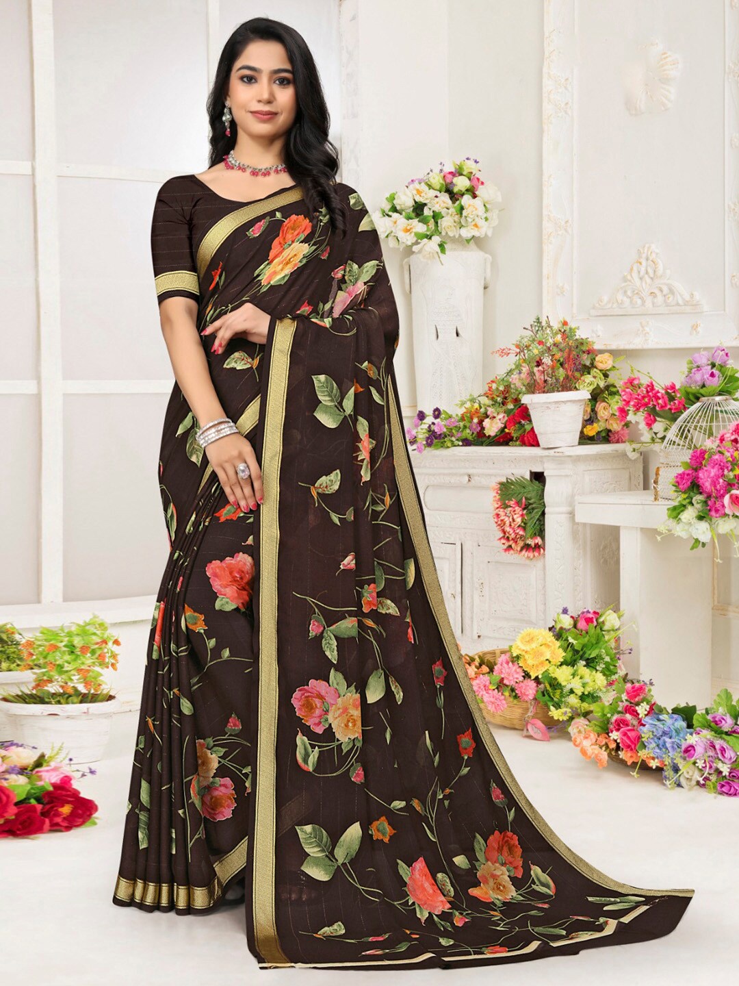 

Saree mall Floral Zari Pure Chiffon Bagh Saree, Brown
