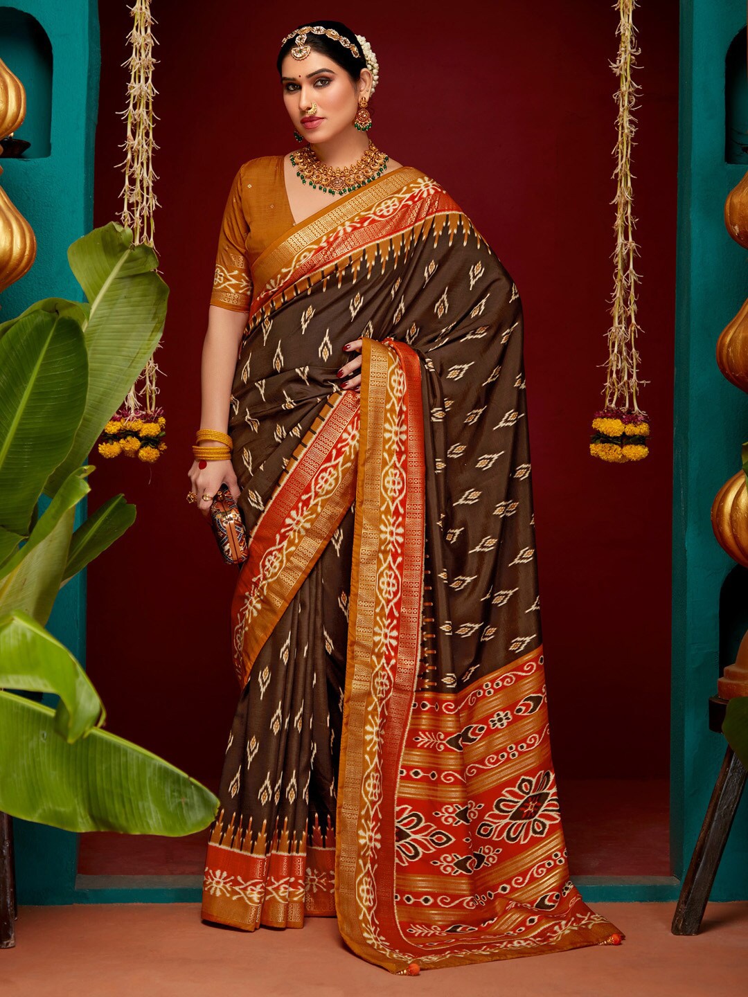 

Saree mall Ethnic Motifs Zari Designer Ikat Saree, Brown