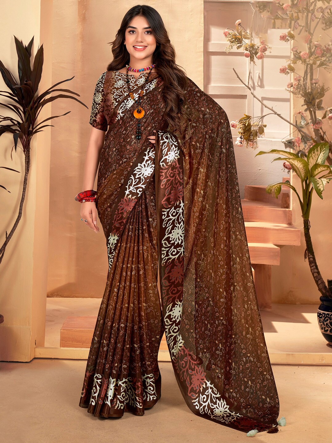 

Saree mall Abstract Printed Bagh Saree, Brown