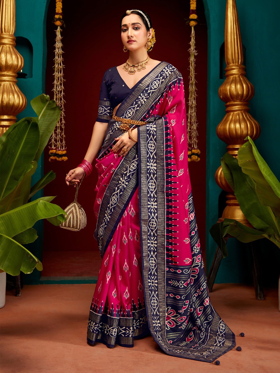 

Saree mall Ethnic Motifs Zari Ikat Saree, Navy blue