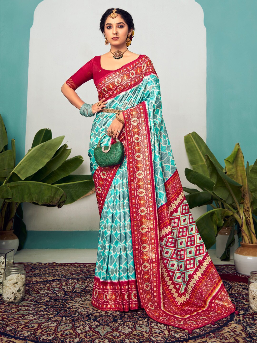 

Saree mall Abstract Printed Tussar Saree, Blue