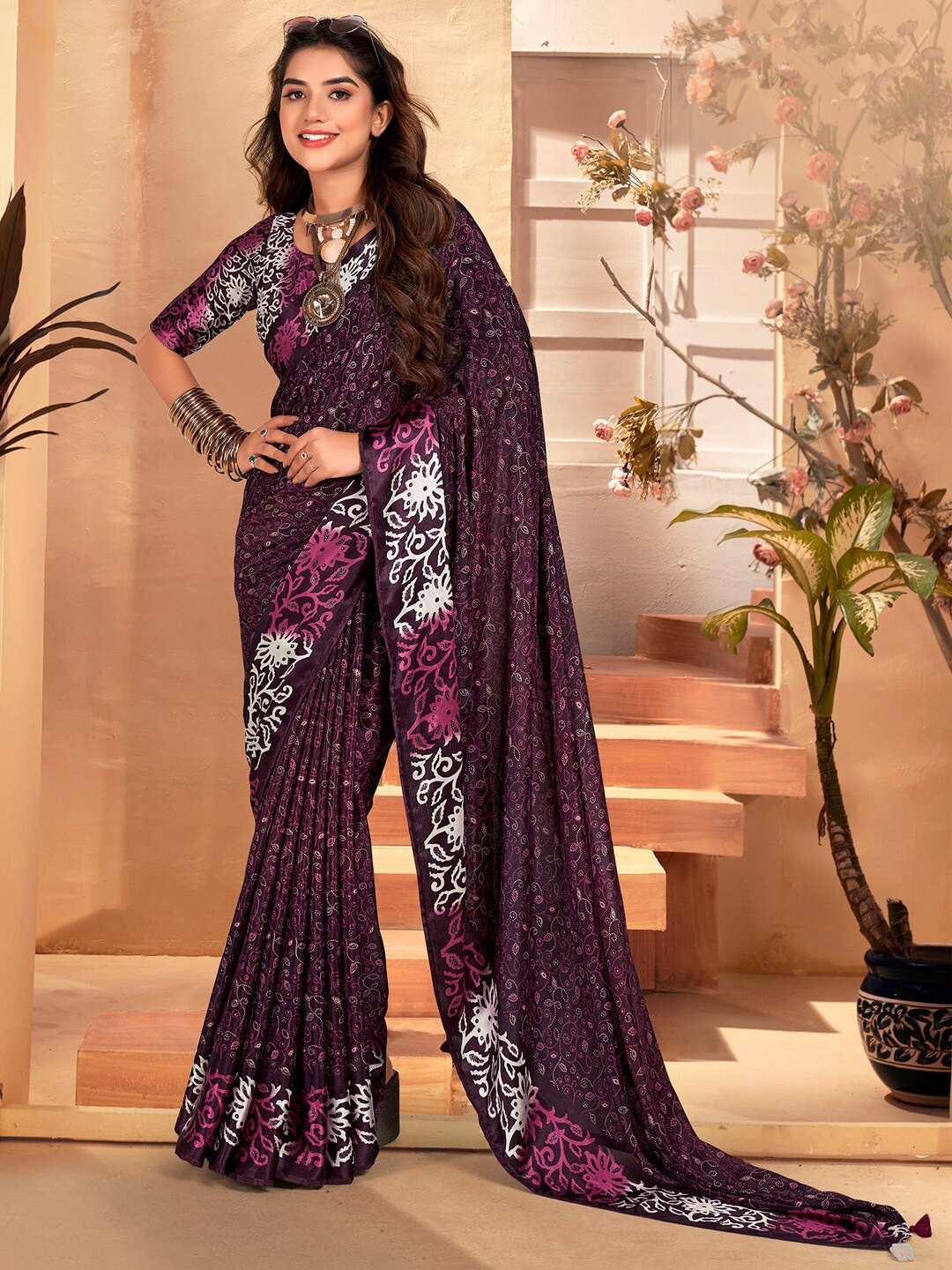 

Saree mall Magenta Ethnic Motifs Embellished Beads & Stones Bagh Saree