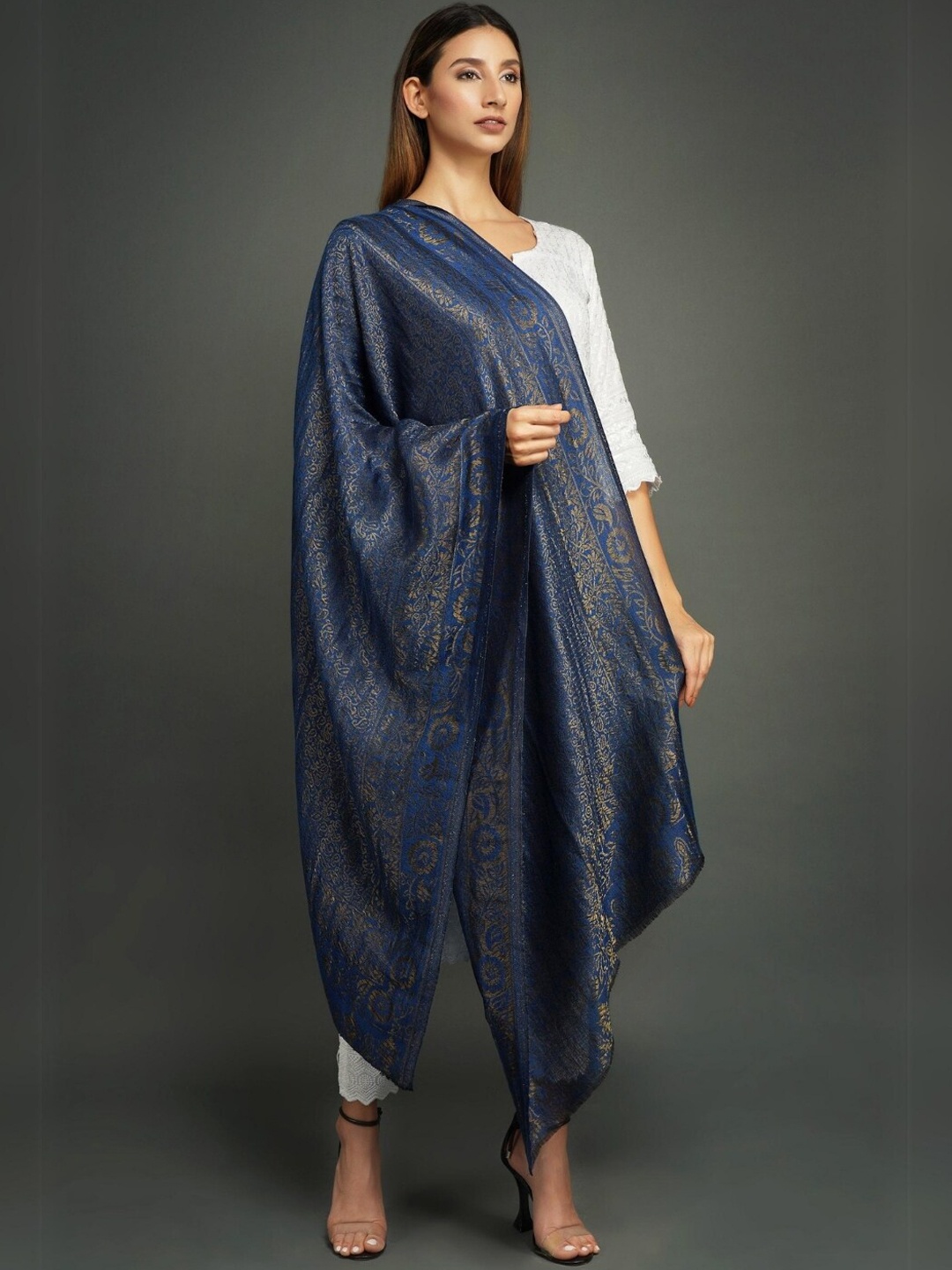 

DUSALA INDIA Women Ethnic Motifs Woven Design Pashmina Shawl, Blue
