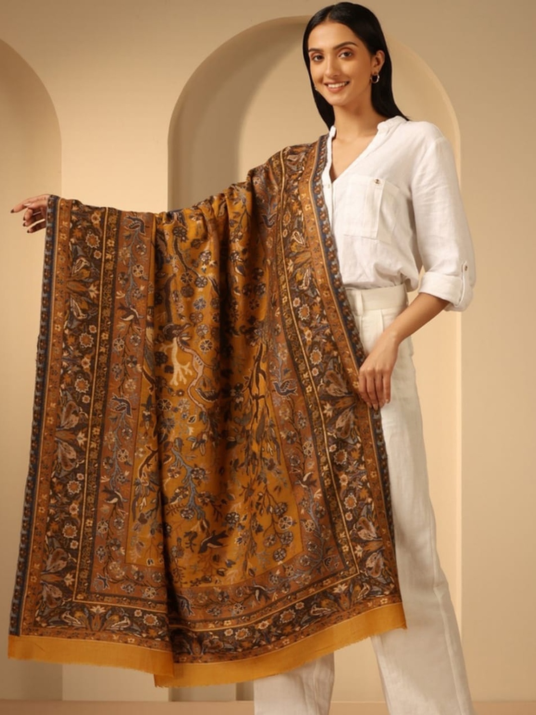 

DUSALA INDIA Floral Printed Woollen Shawl, Mustard