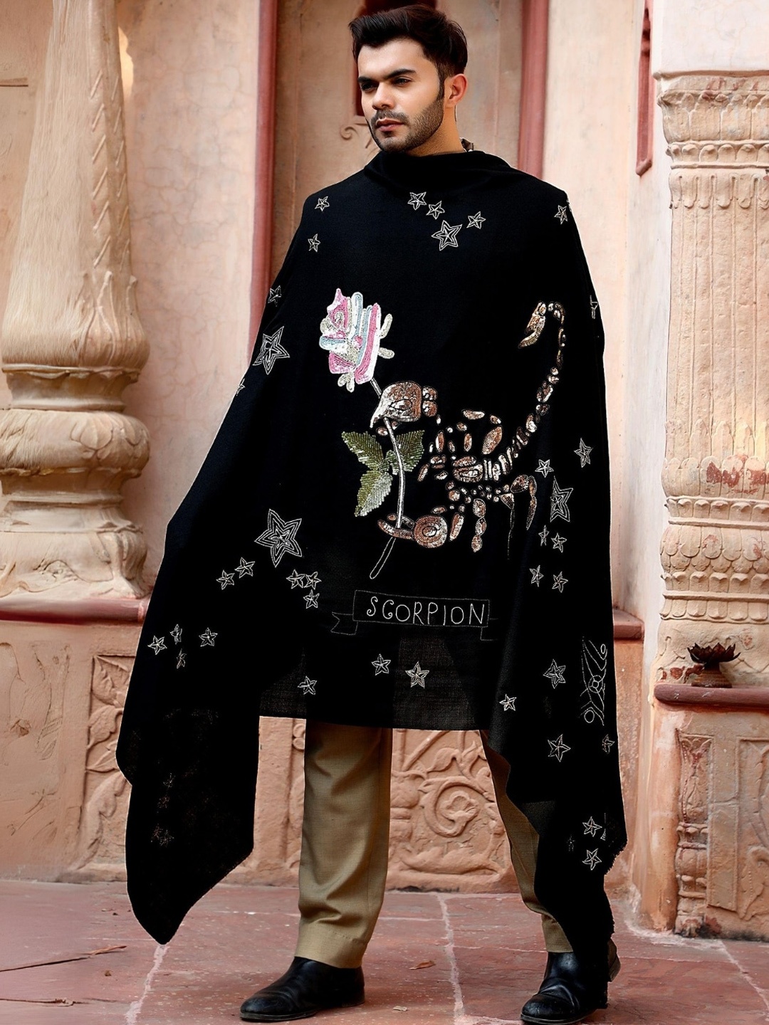 

DUSALA INDIA Men Scorpio Embroidered Woollen Shawl, Black