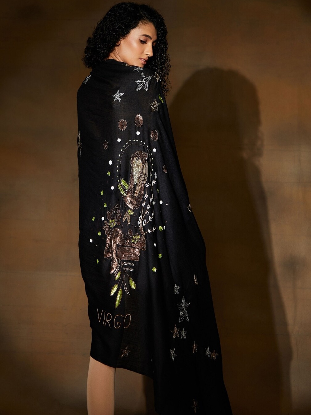 

DUSALA INDIA Virgo Embroidered Sequinned Woollen Shawl, Black