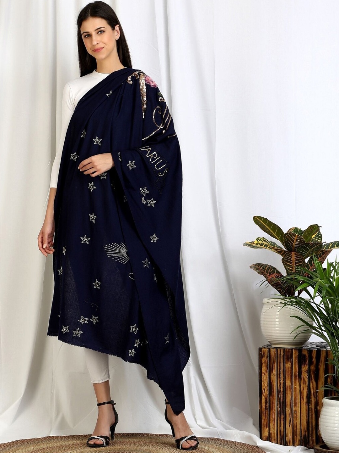 

DUSALA INDIA Sagittarius Embroidered Wool Shawl, Blue