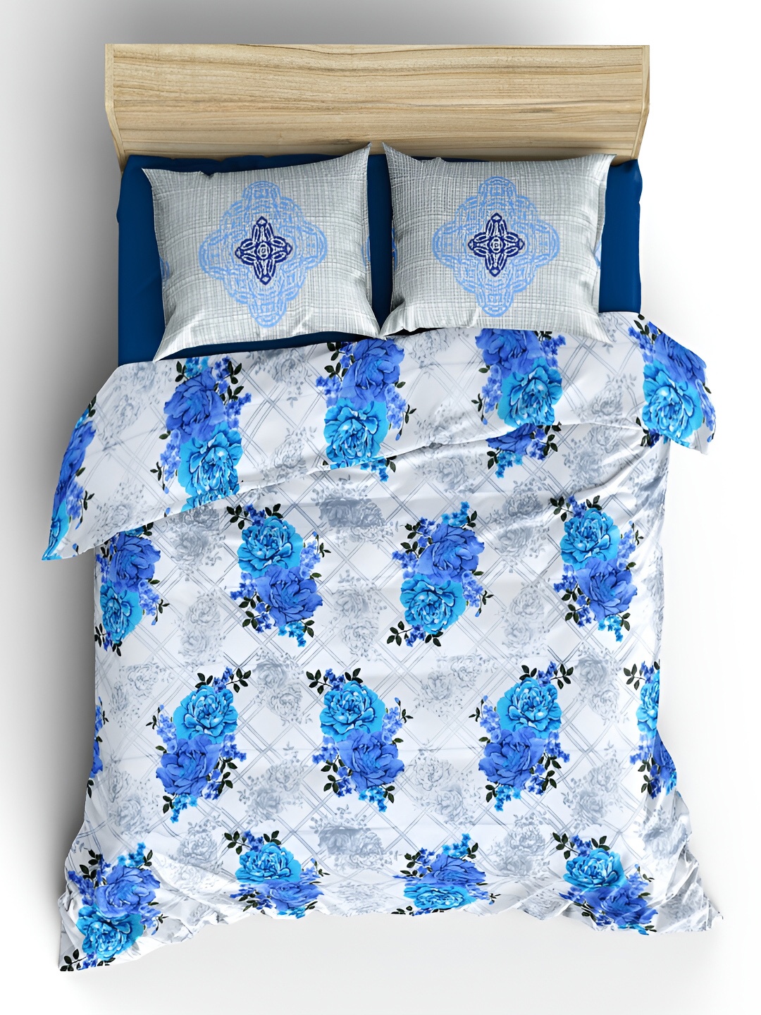 

borato Blue & White Floral 210 TC Cotton King Bedsheet with 2 Pillow Covers