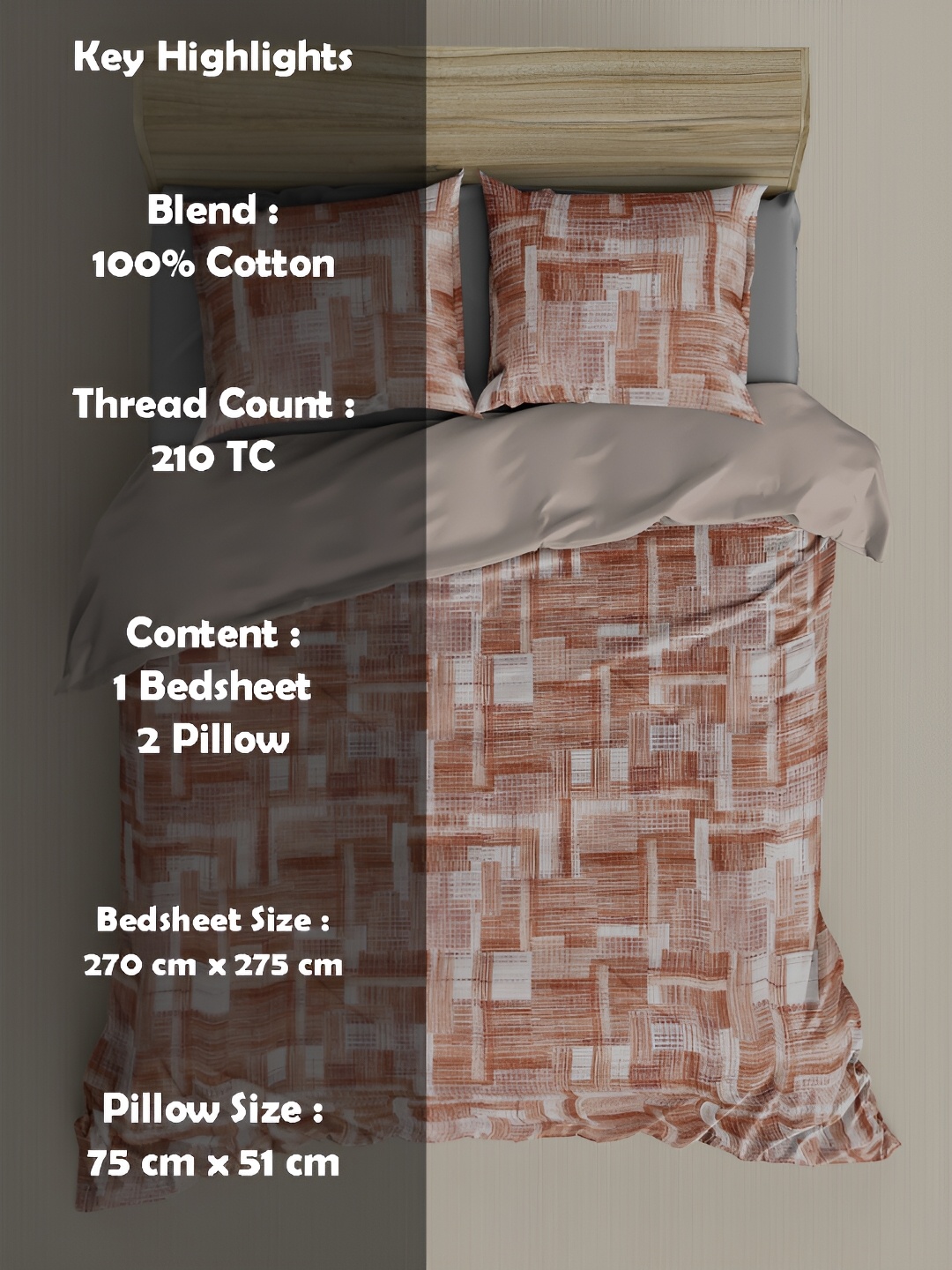 

borato Brown & White Geometric 210 TC King Bedsheet with 2 Pillow Covers