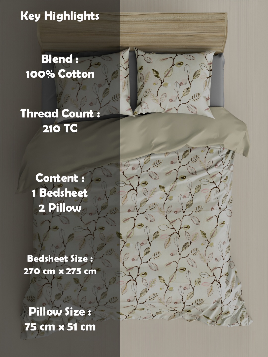 

borato Yellow & Green Floral 210 TC King Bedsheet with 2 Pillow Covers
