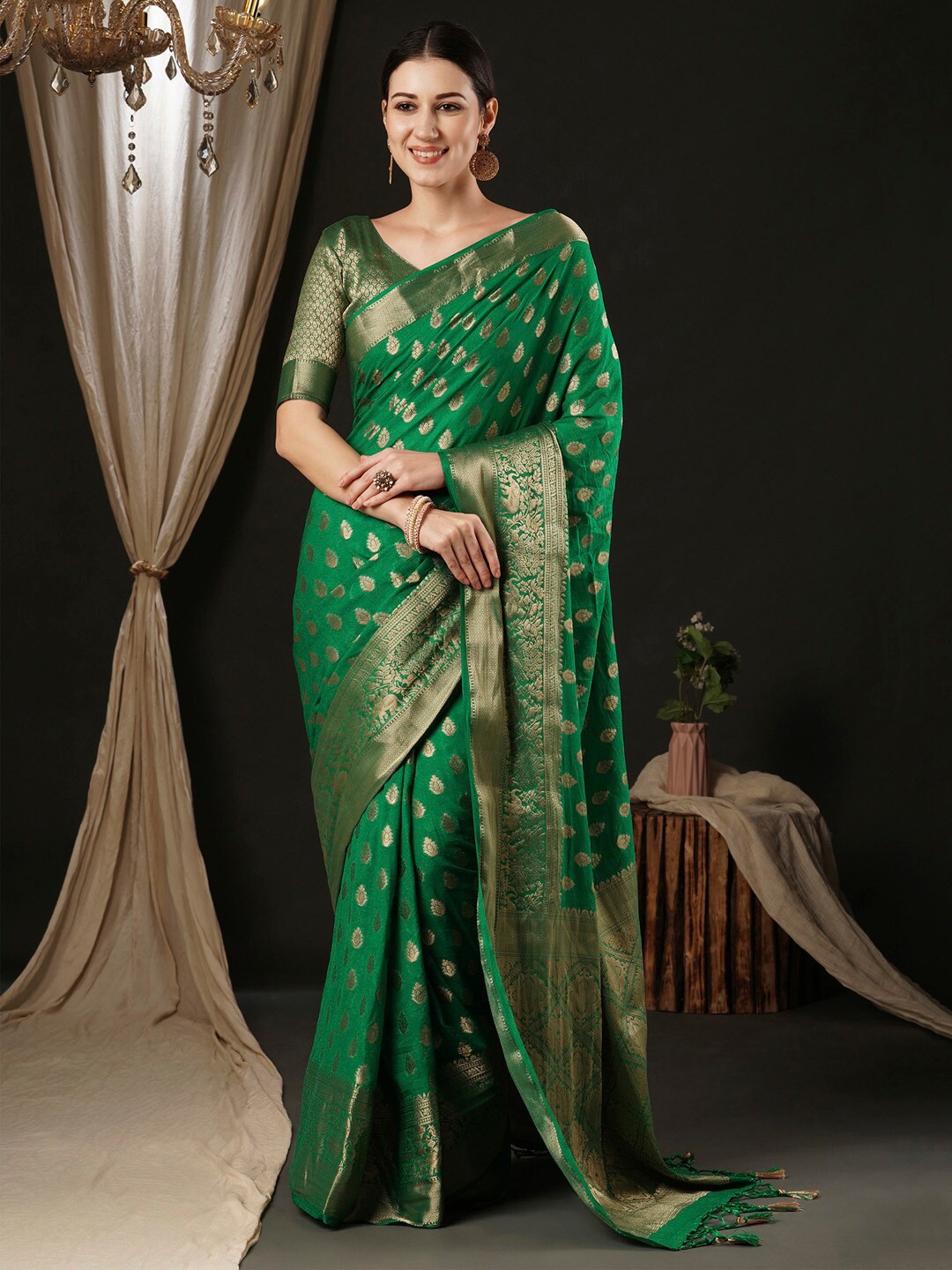 

Anouk Ethnic Motifs Zari Pure Georgette Kanjeevaram Saree, Green