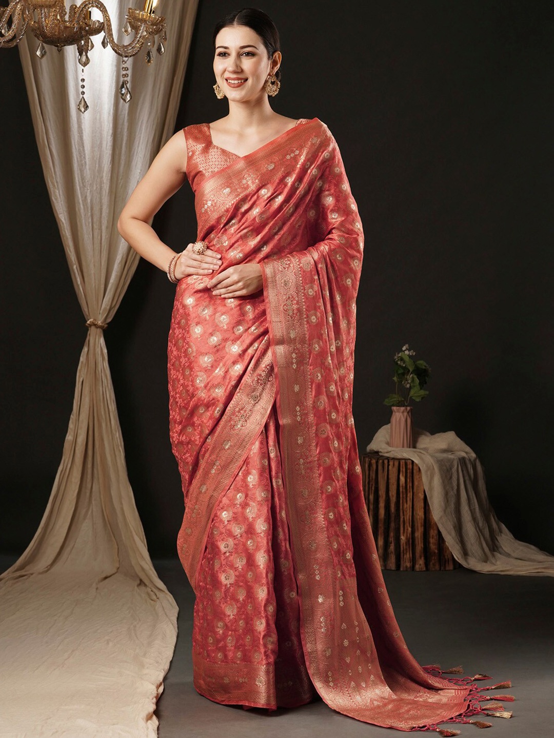 

Anouk Ethnic Woven Design Zari Satin Banarasi Saree, Peach