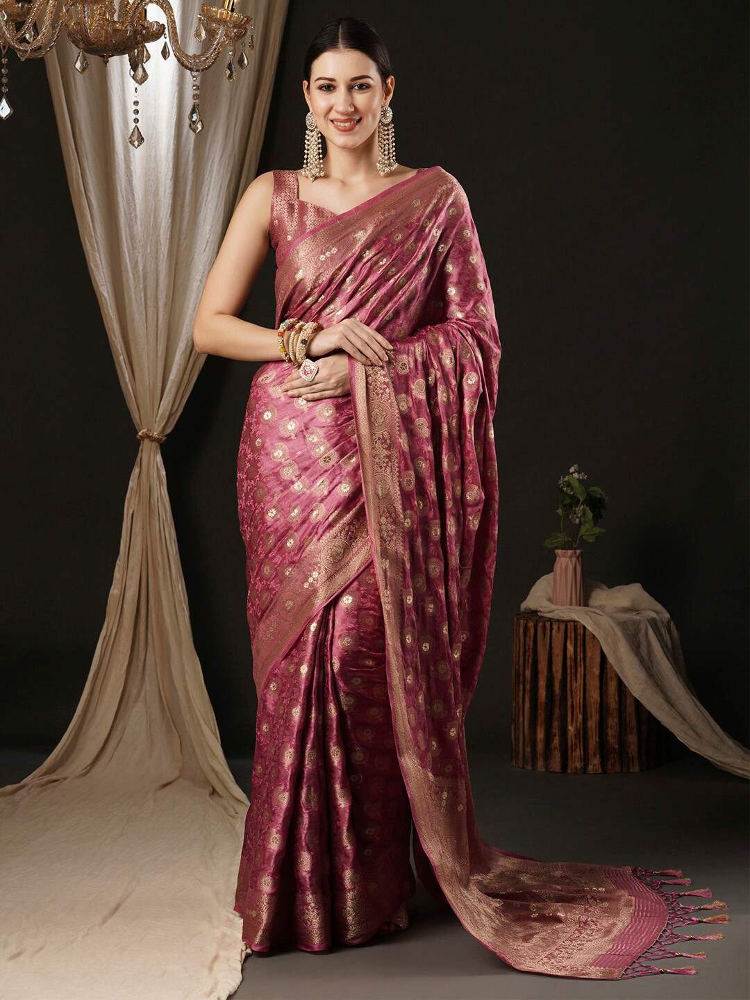 

Anouk Ethnic Motifs Woven Design Zari Banarasi Saree, Pink