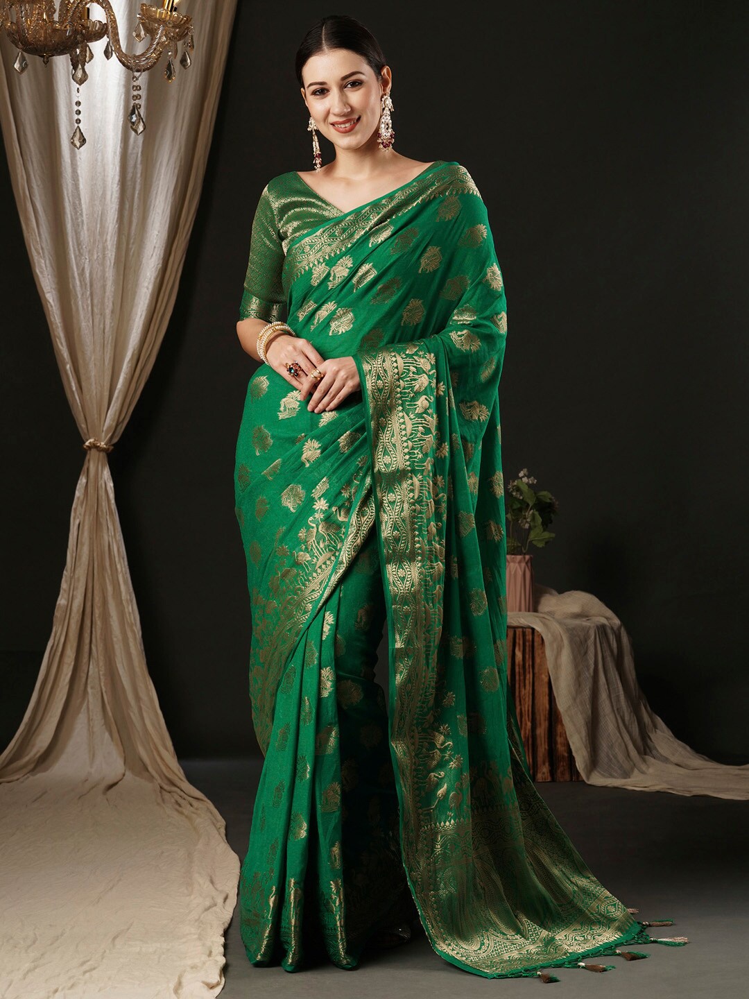 

Anouk Ethnic Motifs Woven Design Zari Pure Georgette Kanjeevaram Saree, Teal
