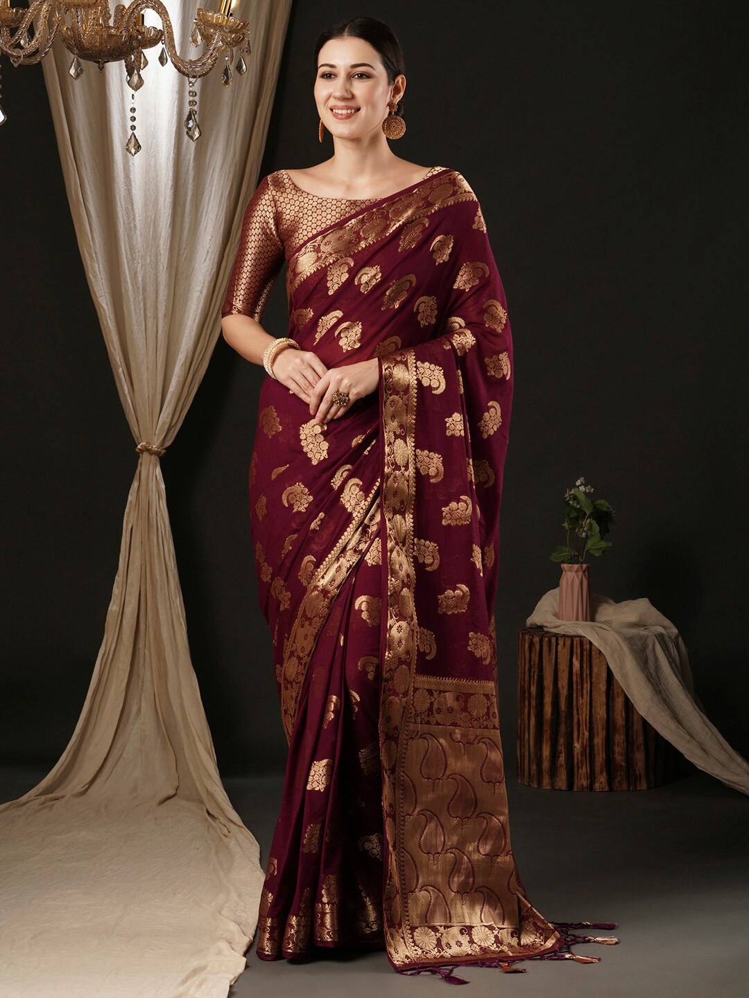 

Anouk Ethnic Motifs Woven Design Zari Pure Georgette Kanjeevaram Saree, Burgundy
