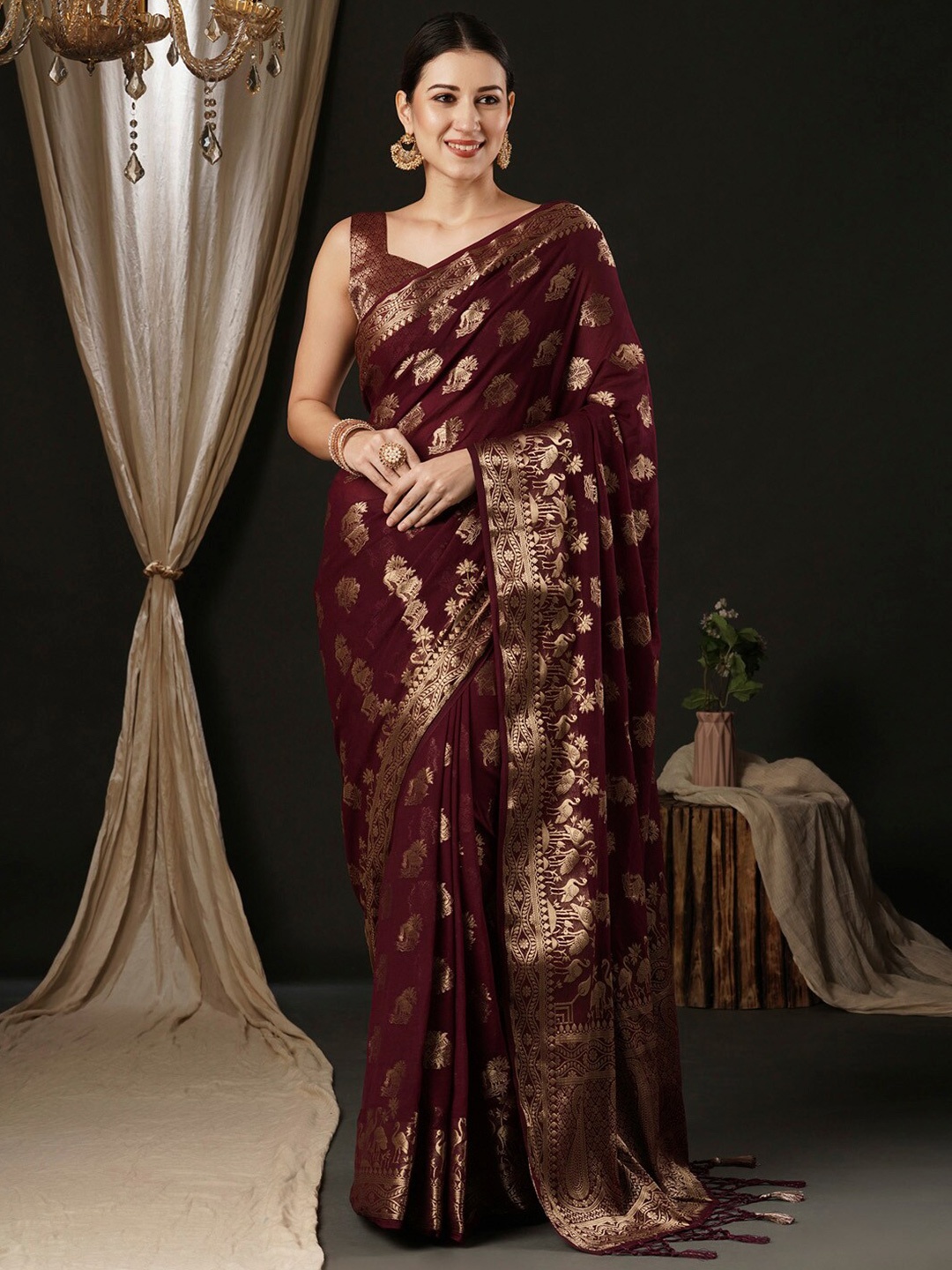 

Anouk Ethnic Woven Design Zari Pure Georgette Kanjeevaram Saree, Burgundy