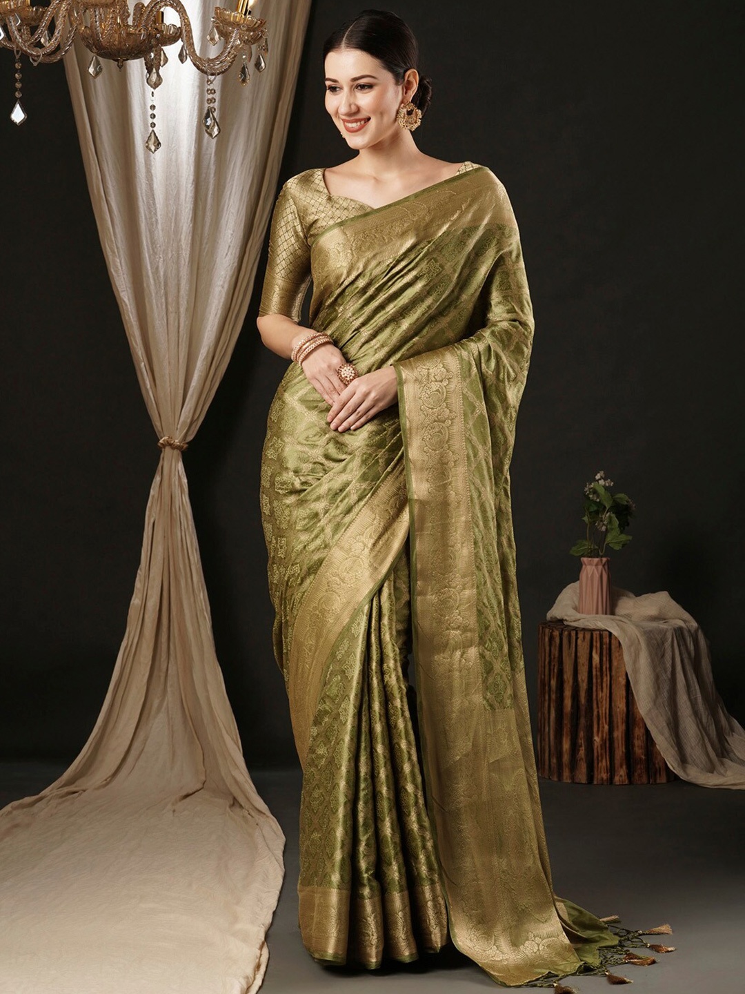 

Anouk Ethnic Woven Design Zari Satin Banarasi Saree, Olive