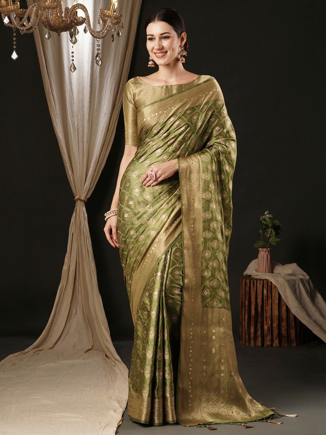 

Anouk Ethnic Motifs Woven Design Zari Banarasi Saree, Olive