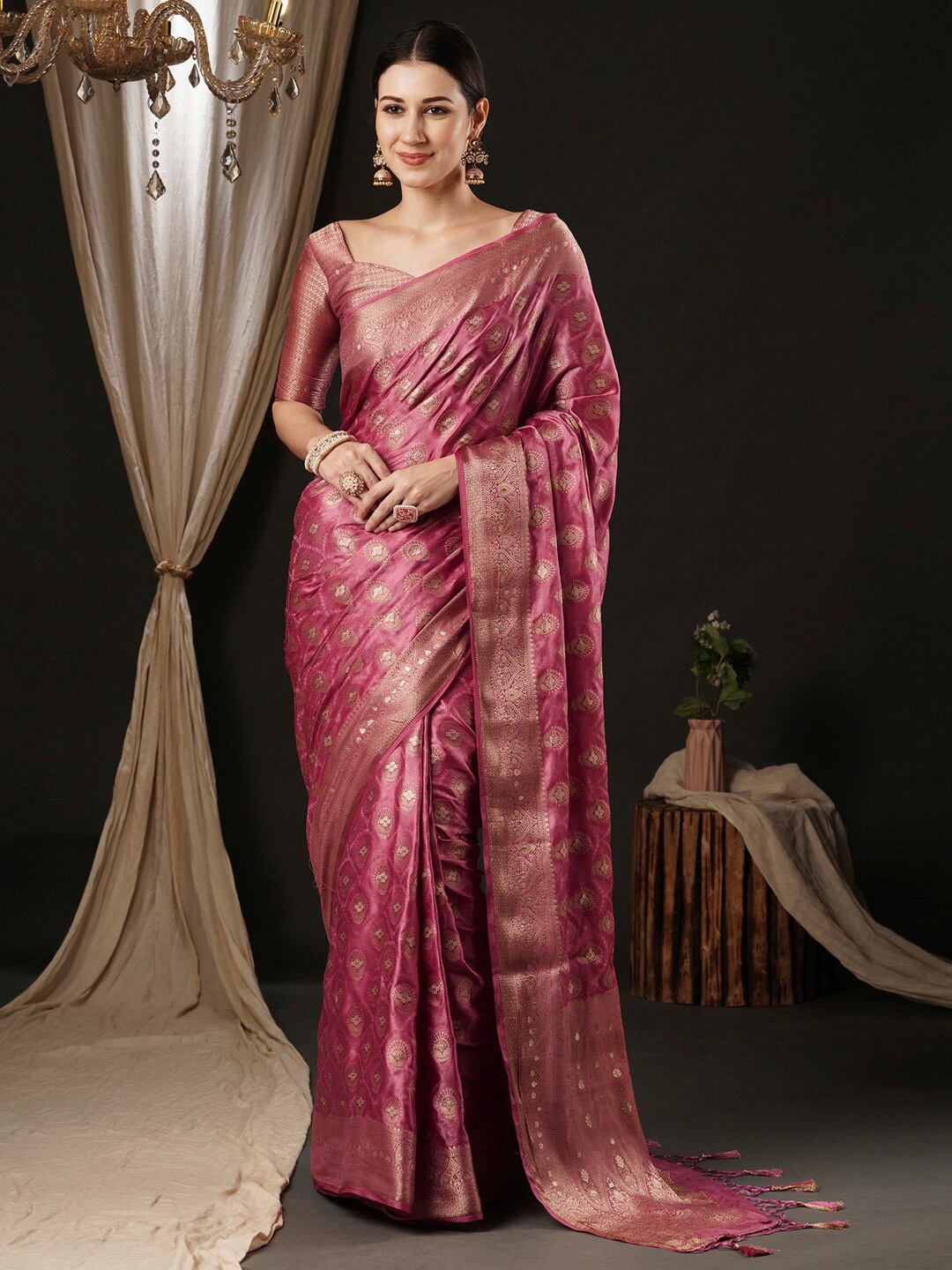 

Anouk Ethnic Woven Design Zari Satin Banarasi Saree, Pink