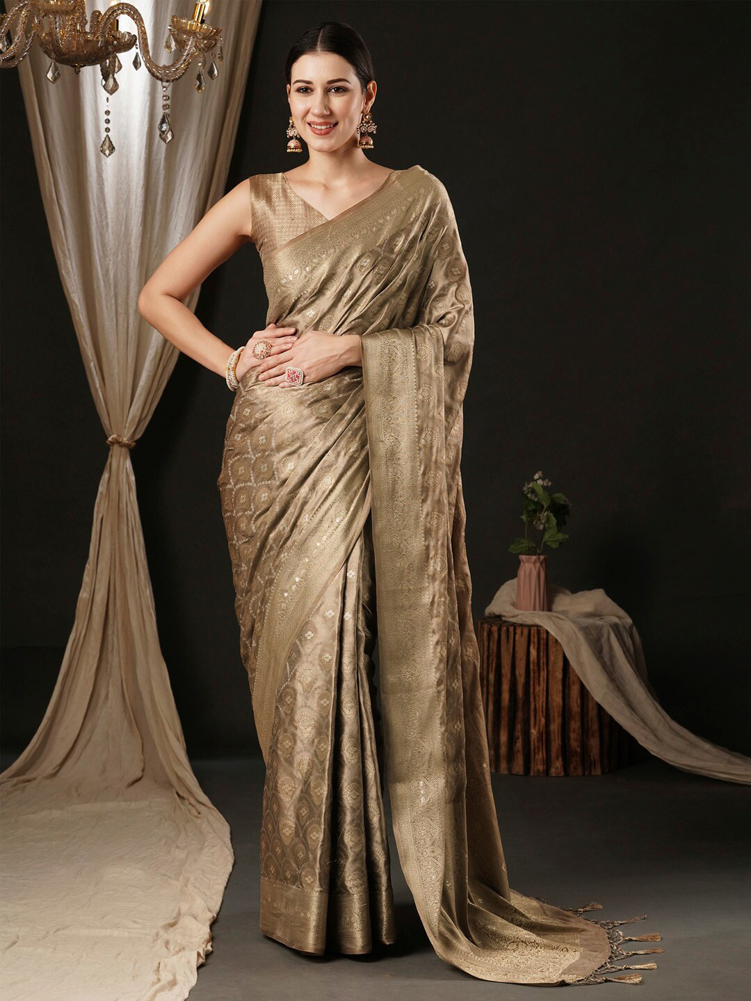 

Anouk Ethnic Motifs Zari Satin Banarasi Saree, Beige