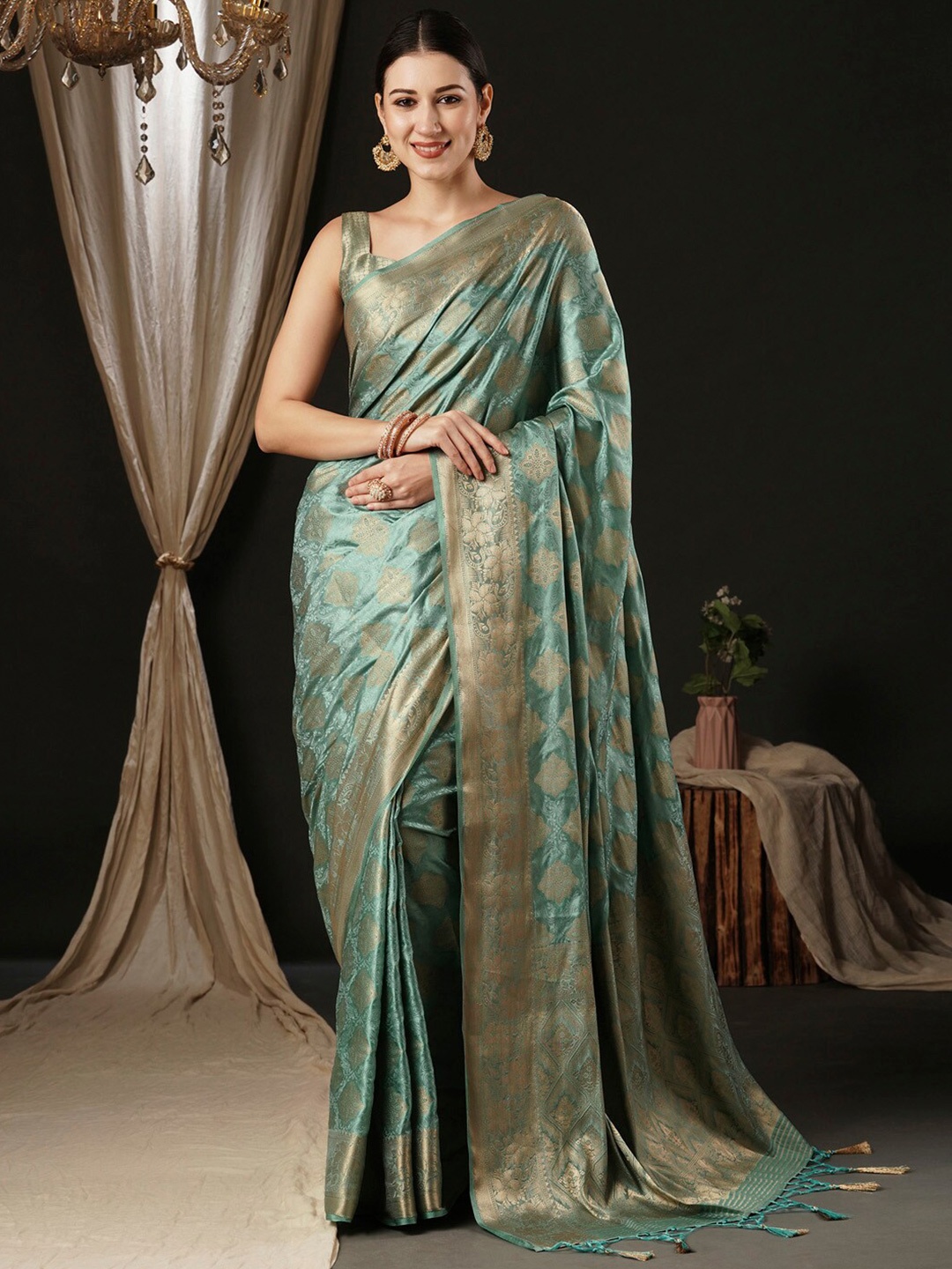 

Anouk Ethnic Motifs Woven Design Zari Banarasi Saree, Turquoise blue