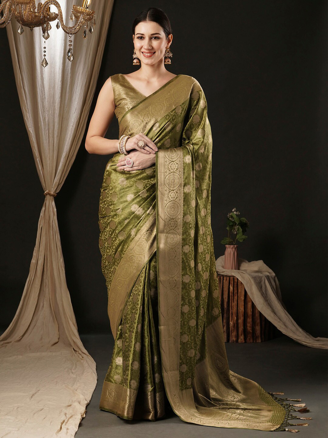 

Anouk Ethnic Motifs Woven Design Zari Banarasi Saree, Olive