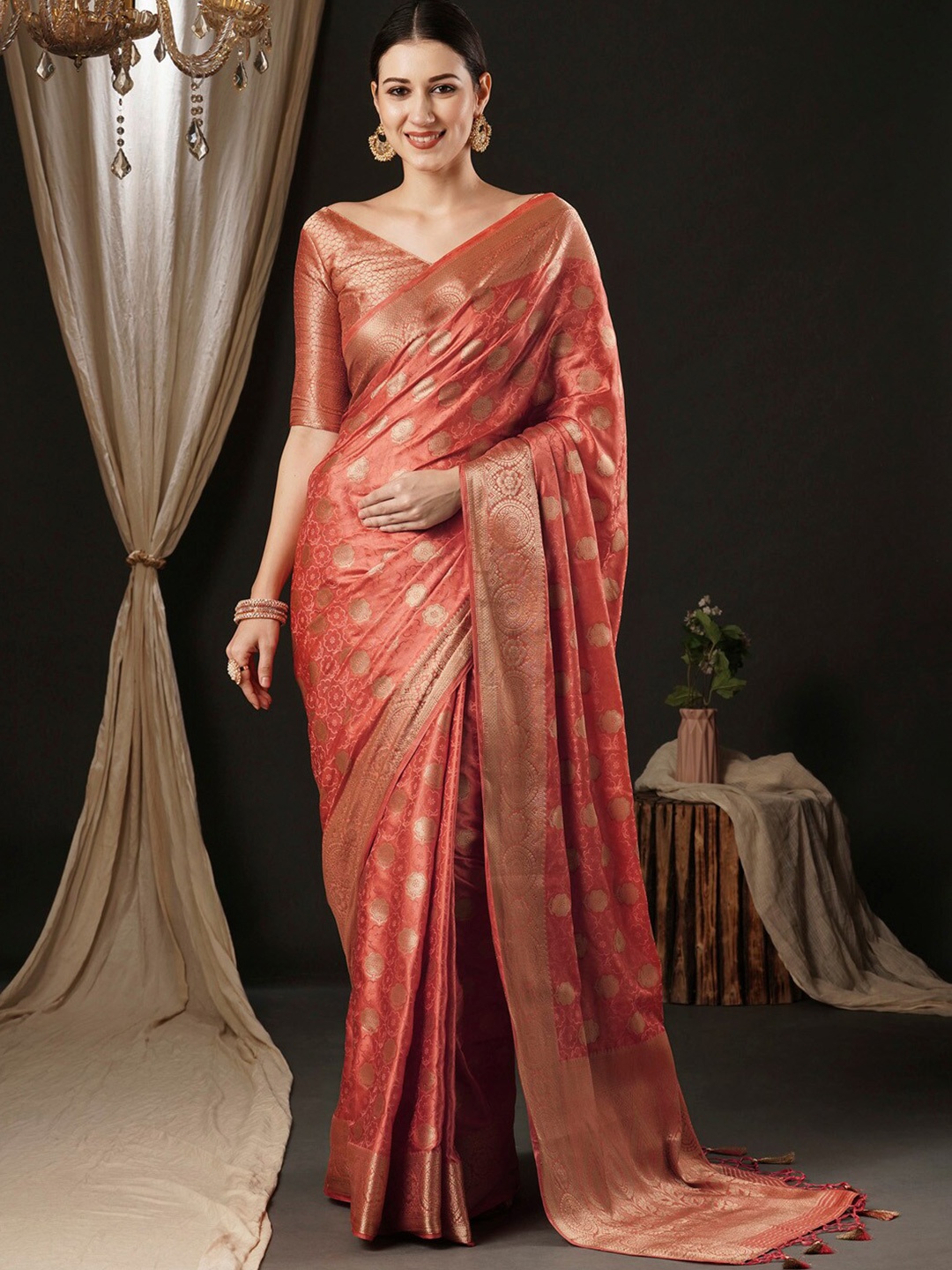 

Anouk Ethnic Motifs Zari Satin Banarasi Saree, Peach