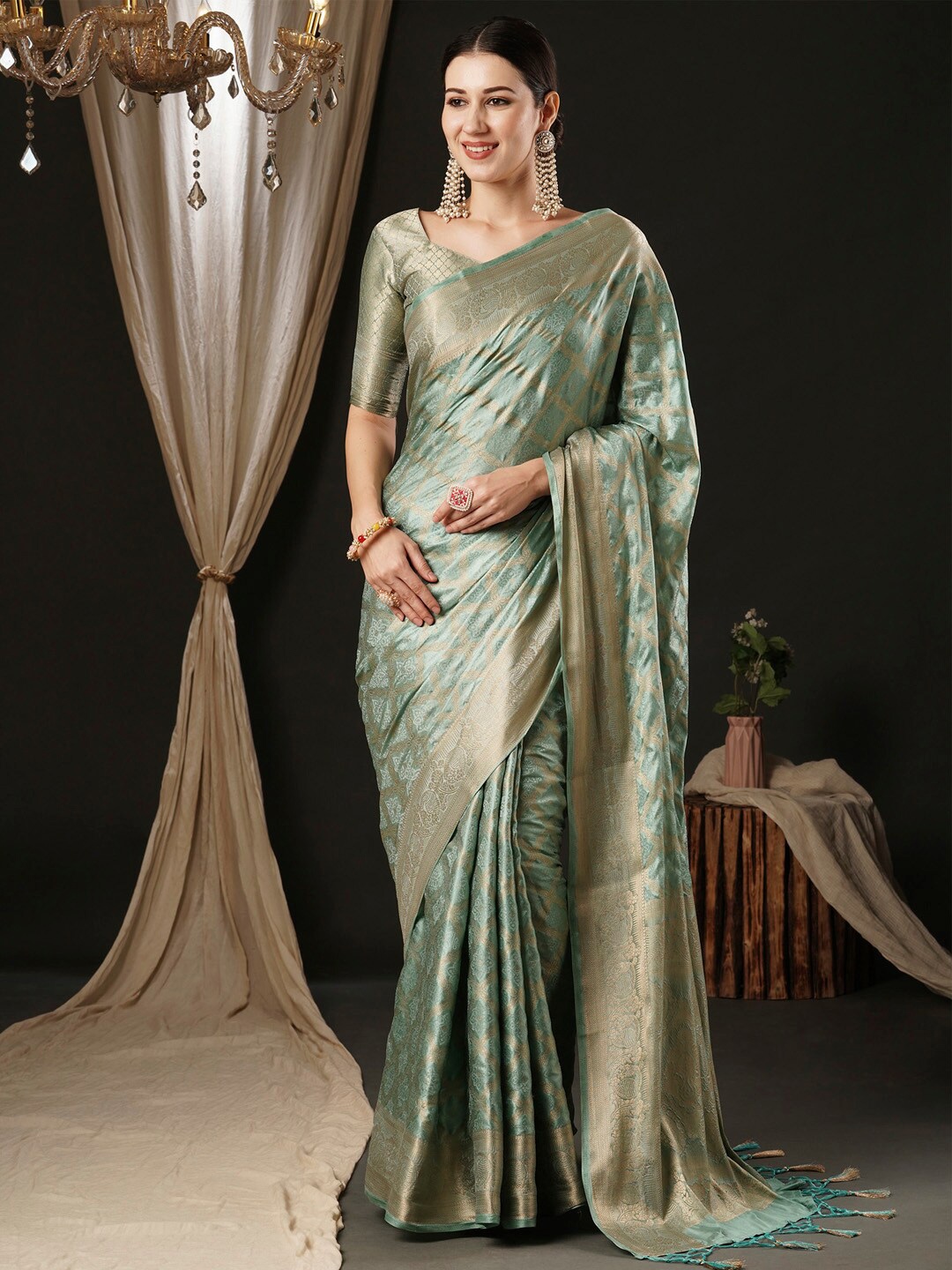 

Anouk Ethnic Motifs Satin Banarasi Saree, Turquoise blue