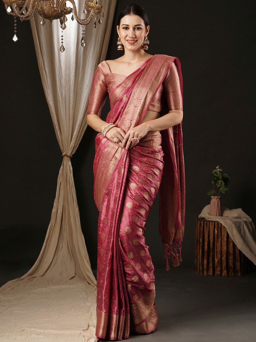 

Anouk Ethnic Motifs Woven Design Zari Banarasi Saree, Pink