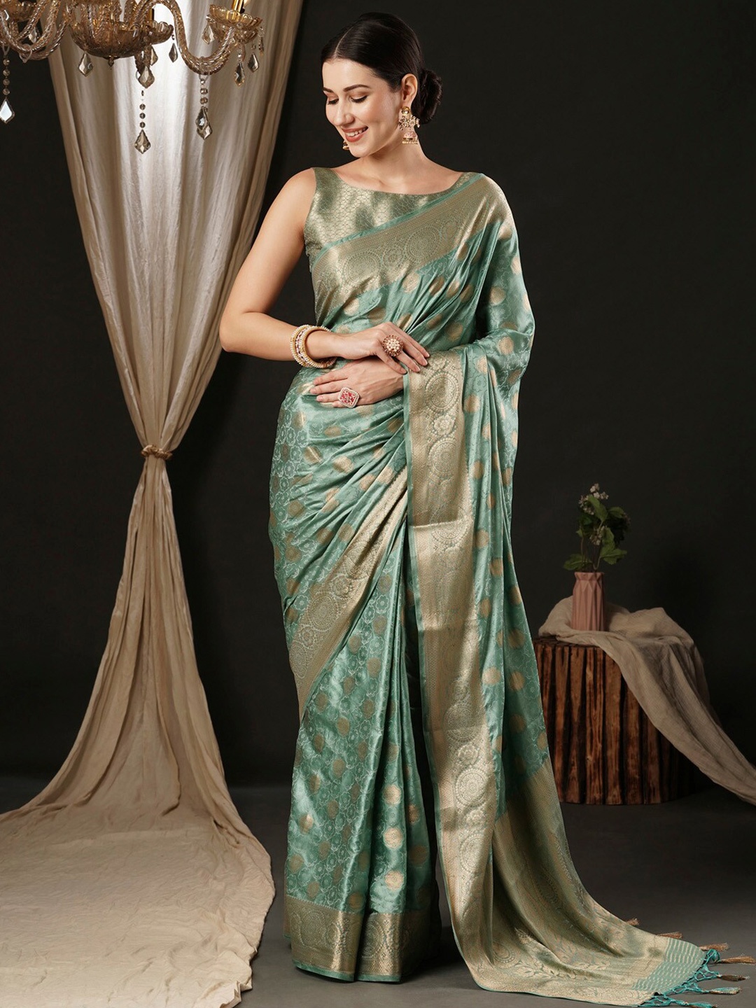 

Anouk Ethnic Motifs Zari Satin Banarasi Saree, Turquoise blue