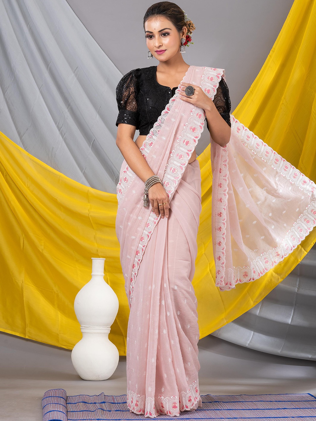 

MAHALASA Embellished Beads and Stones Pure Georgette Saree, Pink