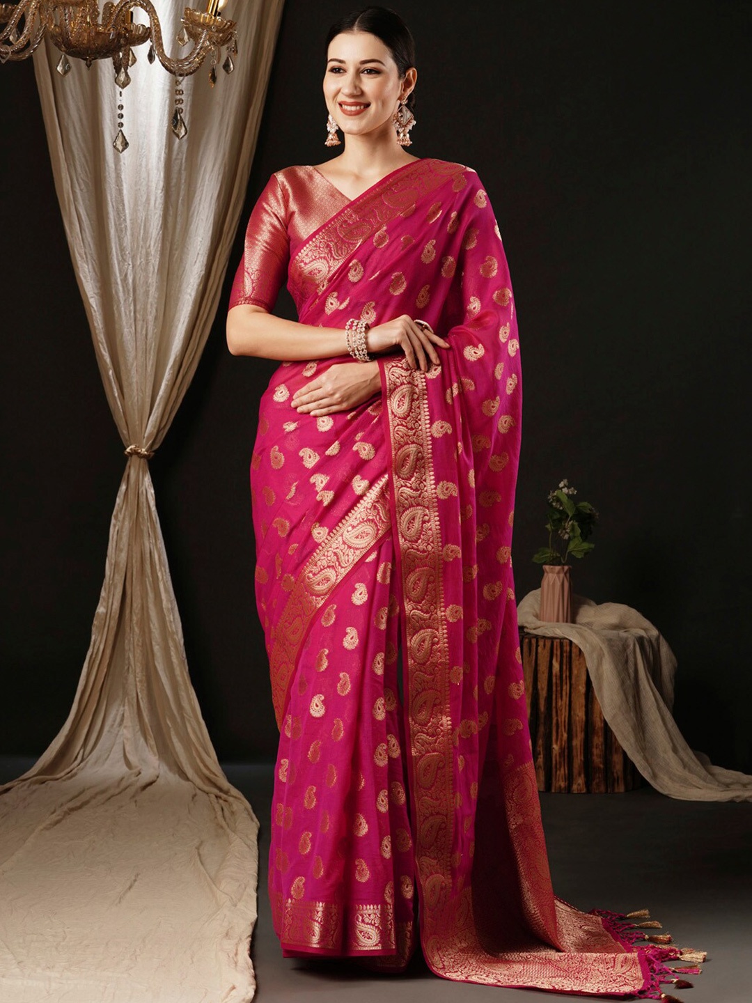 

Anouk Ethnic Woven Design Zari Pure Georgette Kanjeevaram Saree, Pink